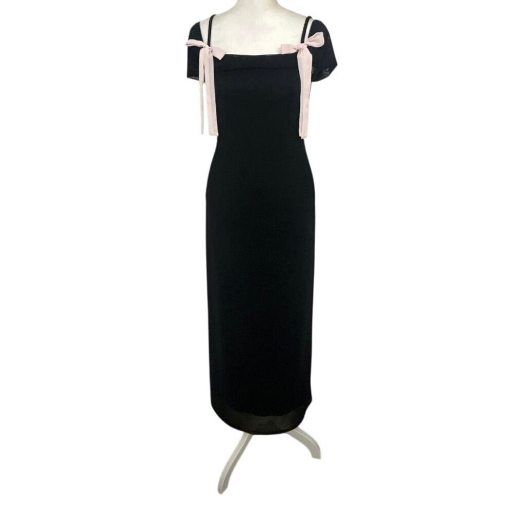 Y2K Black Mesh Coquette Balletcore Maxi Dress Bow Detail Off Shoulder Romantic L